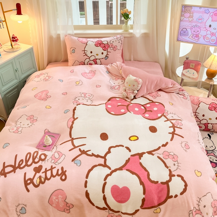 91家纺网 家纺一手货源 找家纺 金爱家 2025新款正版三丽鸥授权大版卡通平网数码印花加厚高克重牛奶绒系列四件套-第一批 绒大版-R粉梦kitty