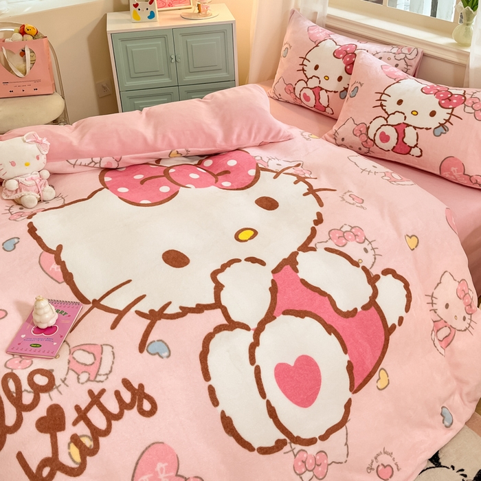 91家纺网 家纺一手货源 找家纺 金爱家 2025新款正版三丽鸥授权大版卡通平网数码印花加厚高克重牛奶绒系列四件套-第一批 绒大版-R粉梦kitty