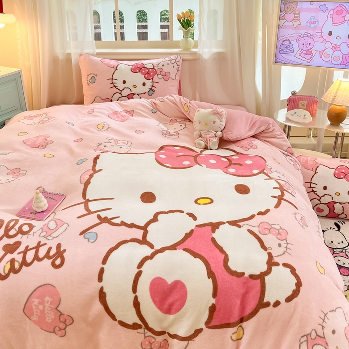 91家纺网 家纺一手货源 找家纺 金爱家 2025新款正版三丽鸥授权大版卡通平网数码印花加厚高克重牛奶绒系列四件套-第一批 绒大版-R粉梦kitty