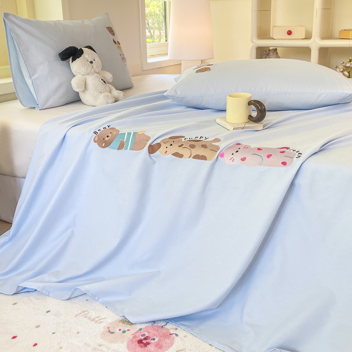 91家纺网 家纺一手货源 找家纺 （总）灰鲸 2025新款全棉刺绣大床床单-懒懒小憩系列