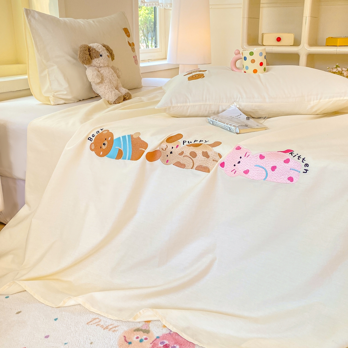 灰鲸 2025新款全棉刺绣大床床单-懒懒小憩系列 懒懒小憩-白