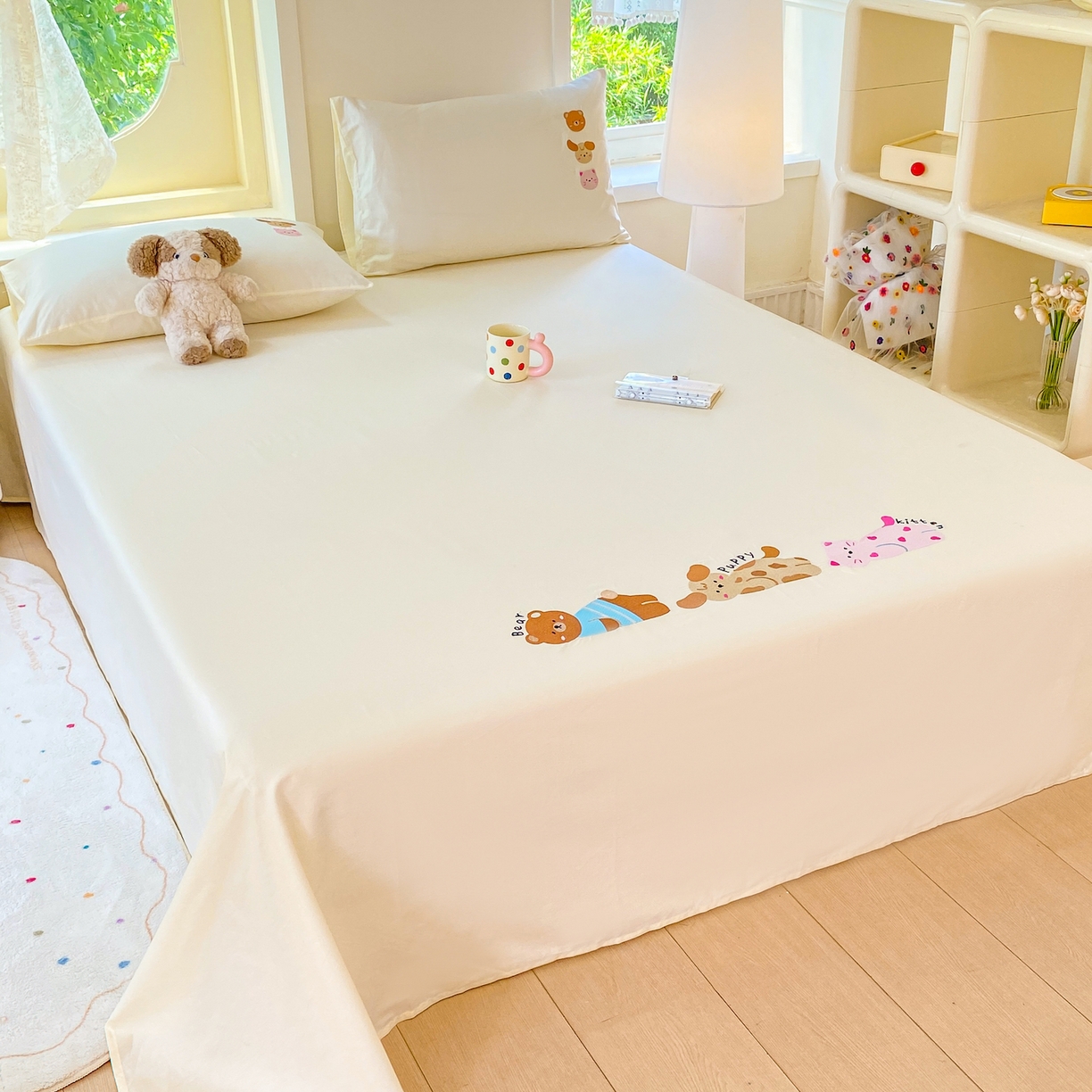 91家纺网 家纺一手货源 找家纺 灰鲸 2025新款全棉刺绣大床床单-懒懒小憩系列 懒懒小憩-白