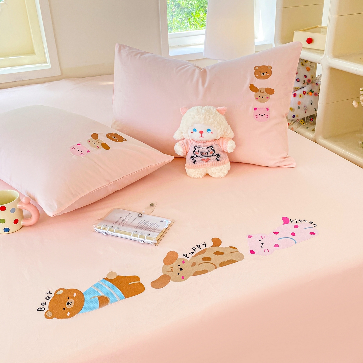 91家纺网 家纺一手货源 找家纺 灰鲸 2025新款全棉刺绣大床床单-懒懒小憩系列 懒懒小憩-粉