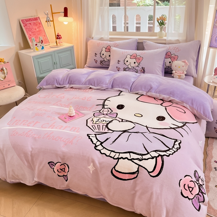 金爱家 2025新款正版三丽鸥授权大版卡通平网数码印花加厚高克重牛奶绒系列四件套-第一批 绒大版-R玫瑰香水kitty