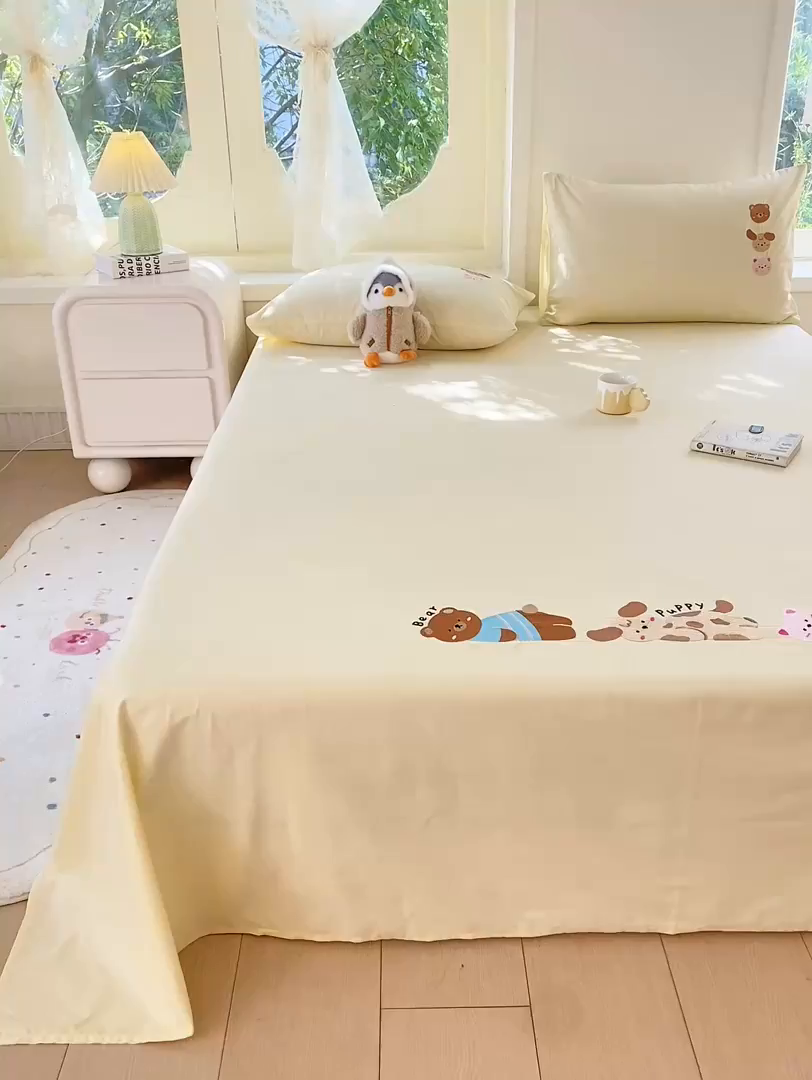 91家纺网 家纺一手货源 找家纺 灰鲸 2025新款全棉刺绣大床床单-懒懒小憩系列 懒懒小憩-黄