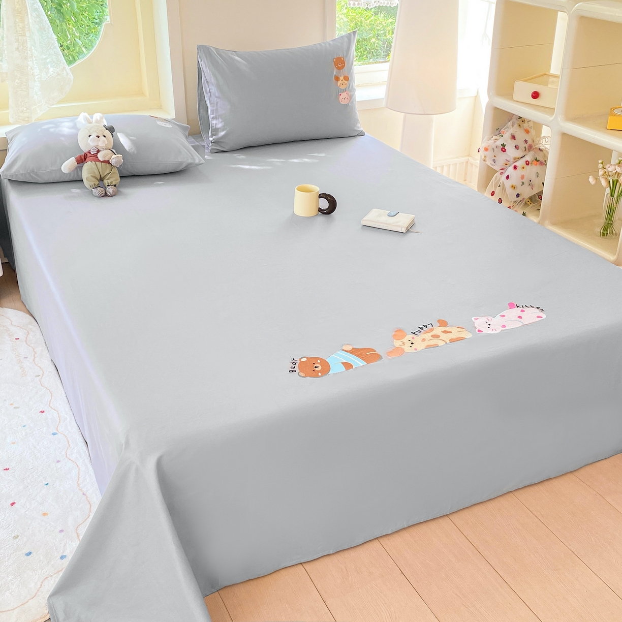 91家纺网 家纺一手货源 找家纺 灰鲸 2025新款全棉刺绣大床床单-懒懒小憩系列 懒懒小憩-灰