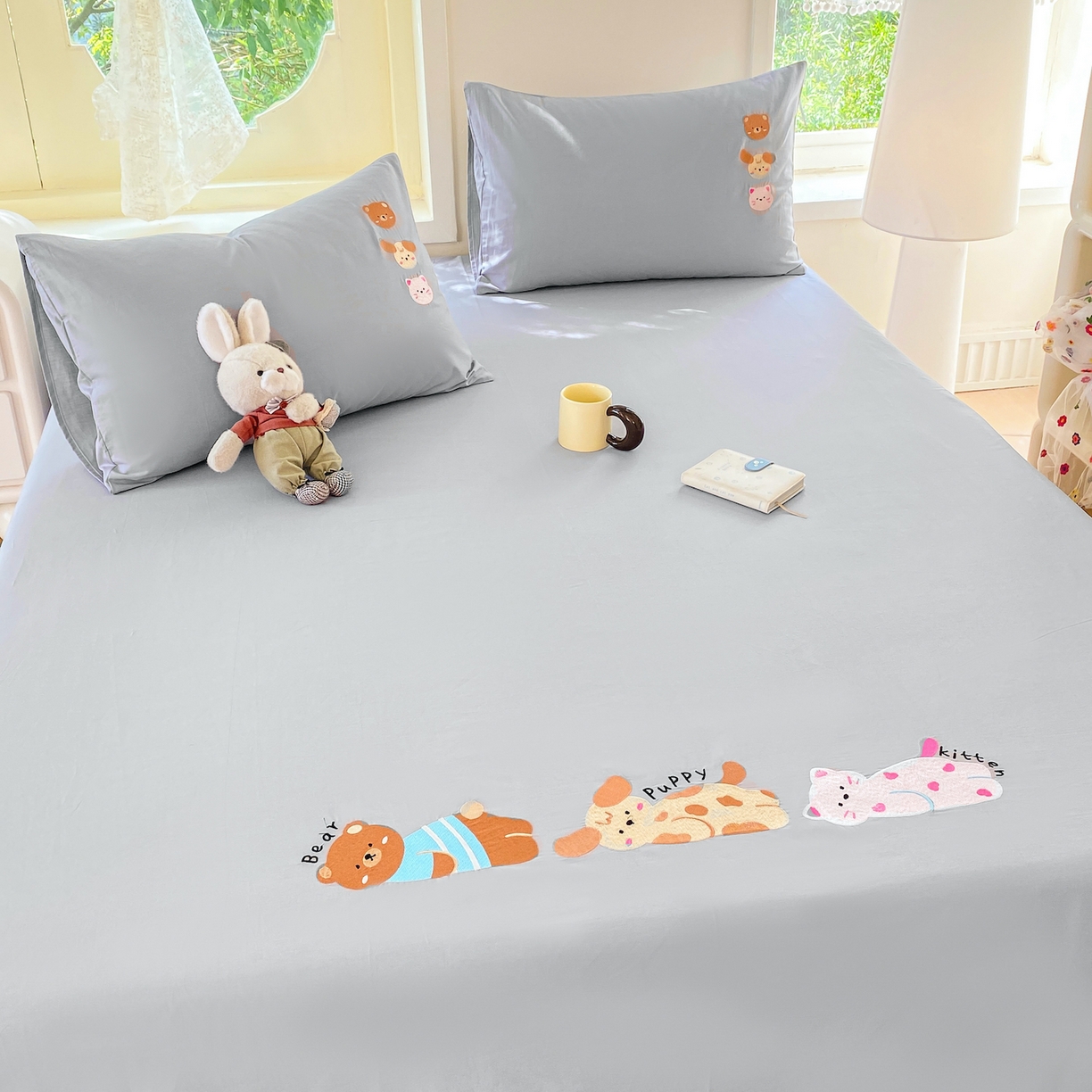 91家纺网 家纺一手货源 找家纺 灰鲸 2025新款全棉刺绣大床床单-懒懒小憩系列 懒懒小憩-灰