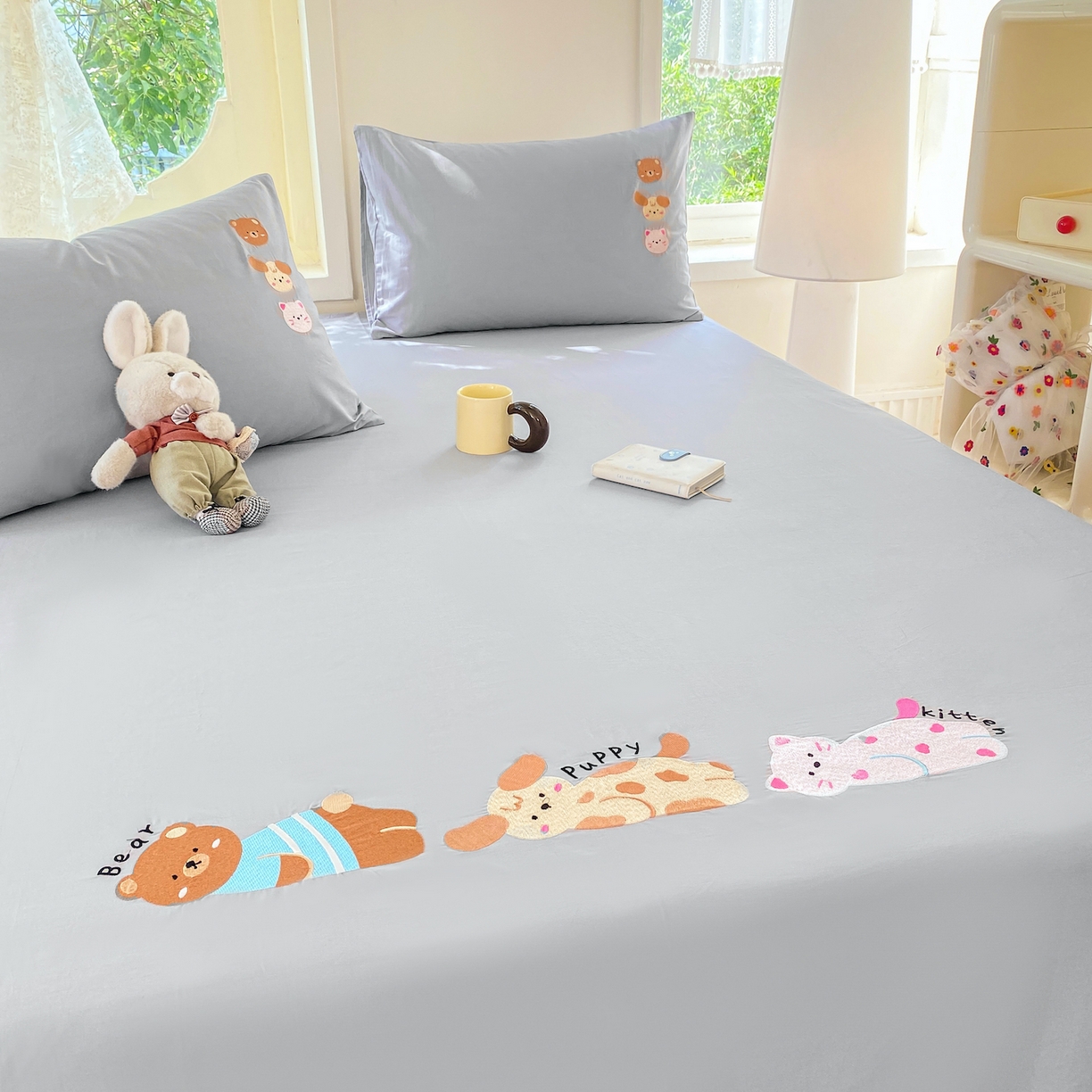 91家纺网 家纺一手货源 找家纺 灰鲸 2025新款全棉刺绣大床床单-懒懒小憩系列 懒懒小憩-灰