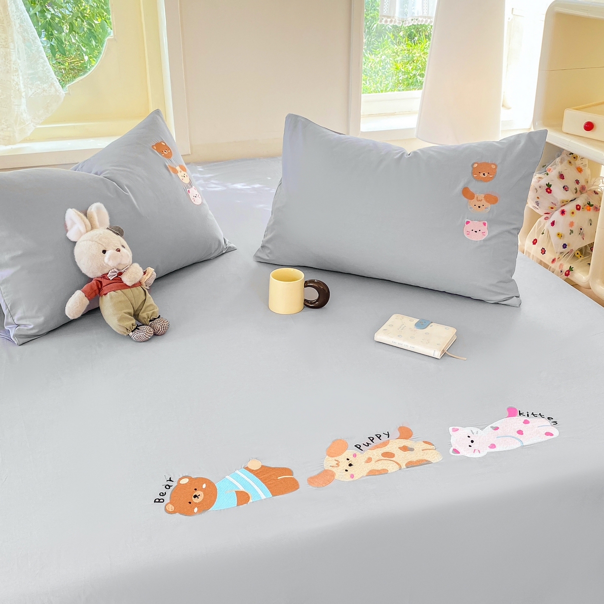 91家纺网 家纺一手货源 找家纺 灰鲸 2025新款全棉刺绣大床床单-懒懒小憩系列 懒懒小憩-灰