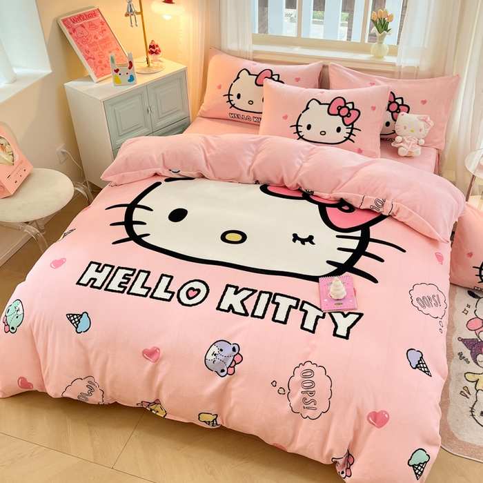 91家纺网 家纺一手货源 找家纺 金爱家 2025新款正版三丽鸥授权大版卡通平网数码印花加厚高克重牛奶绒系列四件套-第一批 绒大版-R美美少女Kitty