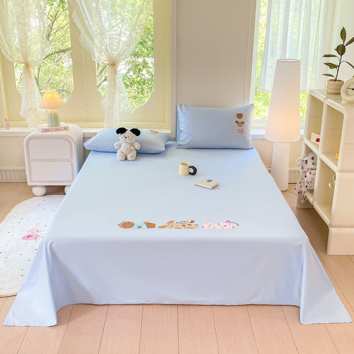 91家纺网 家纺一手货源 找家纺 灰鲸 2025新款全棉刺绣大床床单-懒懒小憩系列 懒懒小憩-蓝