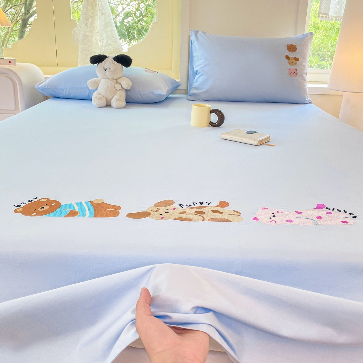 91家纺网 家纺一手货源 找家纺 灰鲸 2025新款全棉刺绣大床床单-懒懒小憩系列 懒懒小憩-蓝