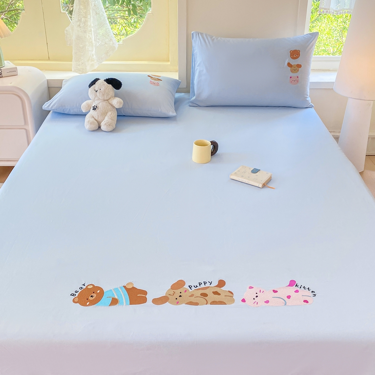 91家纺网 家纺一手货源 找家纺 灰鲸 2025新款全棉刺绣大床床单-懒懒小憩系列 懒懒小憩-蓝