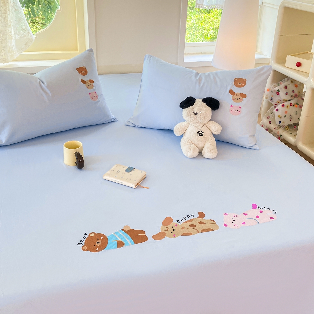 91家纺网 家纺一手货源 找家纺 灰鲸 2025新款全棉刺绣大床床单-懒懒小憩系列 懒懒小憩-蓝