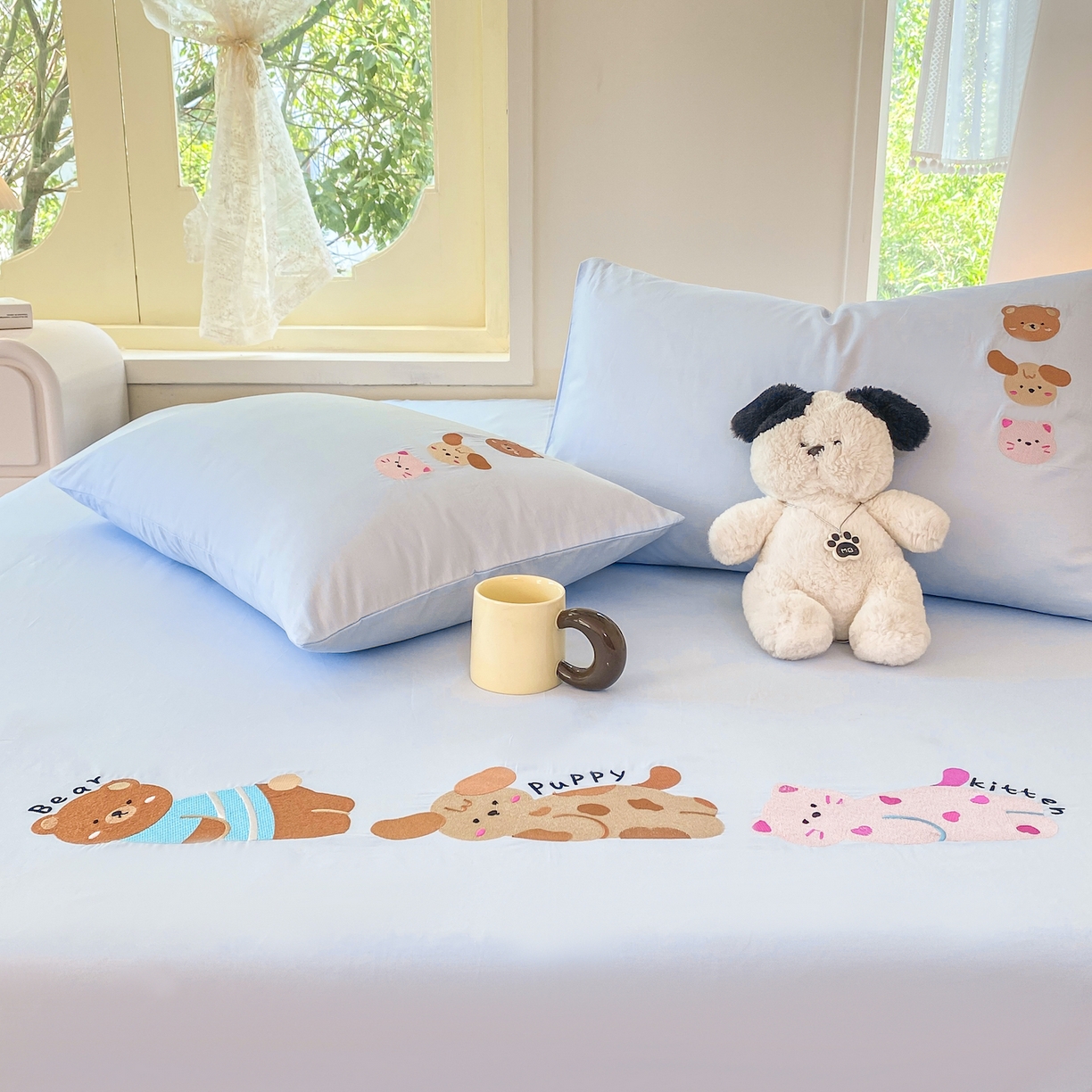 91家纺网 家纺一手货源 找家纺 灰鲸 2025新款全棉刺绣大床床单-懒懒小憩系列 懒懒小憩-蓝