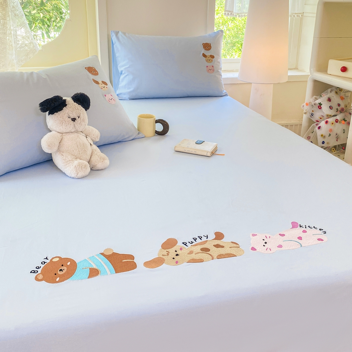 91家纺网 家纺一手货源 找家纺 灰鲸 2025新款全棉刺绣大床床单-懒懒小憩系列 懒懒小憩-蓝