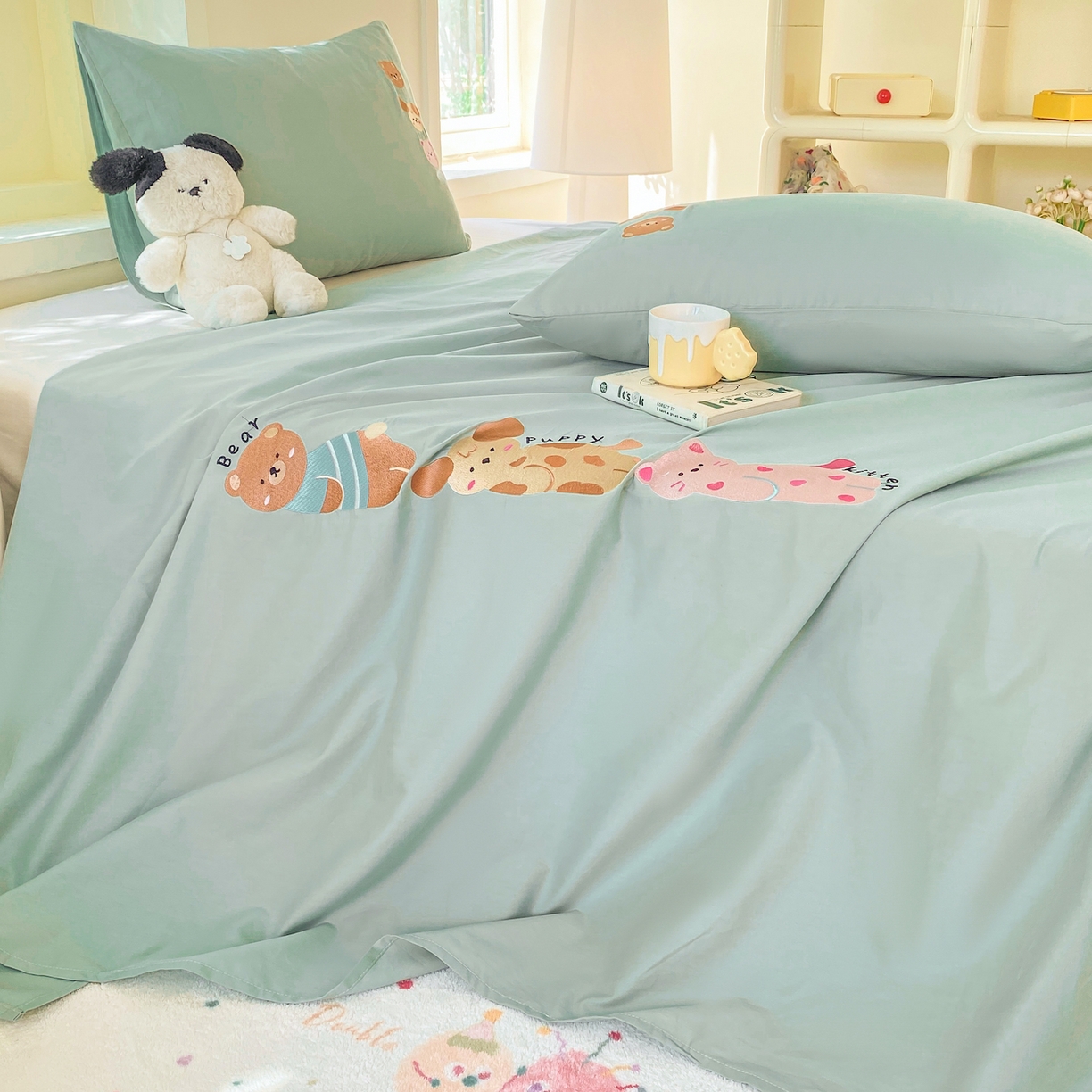 灰鲸 2025新款全棉刺绣大床床单-懒懒小憩系列 懒懒小憩-绿