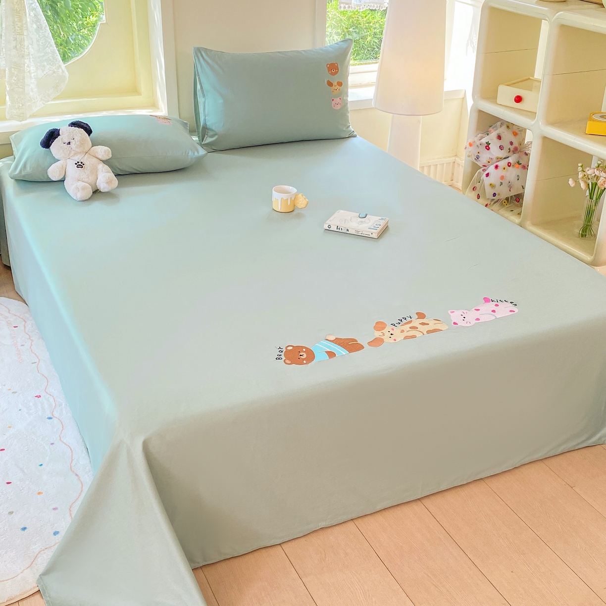 91家纺网 家纺一手货源 找家纺 灰鲸 2025新款全棉刺绣大床床单-懒懒小憩系列 懒懒小憩-绿