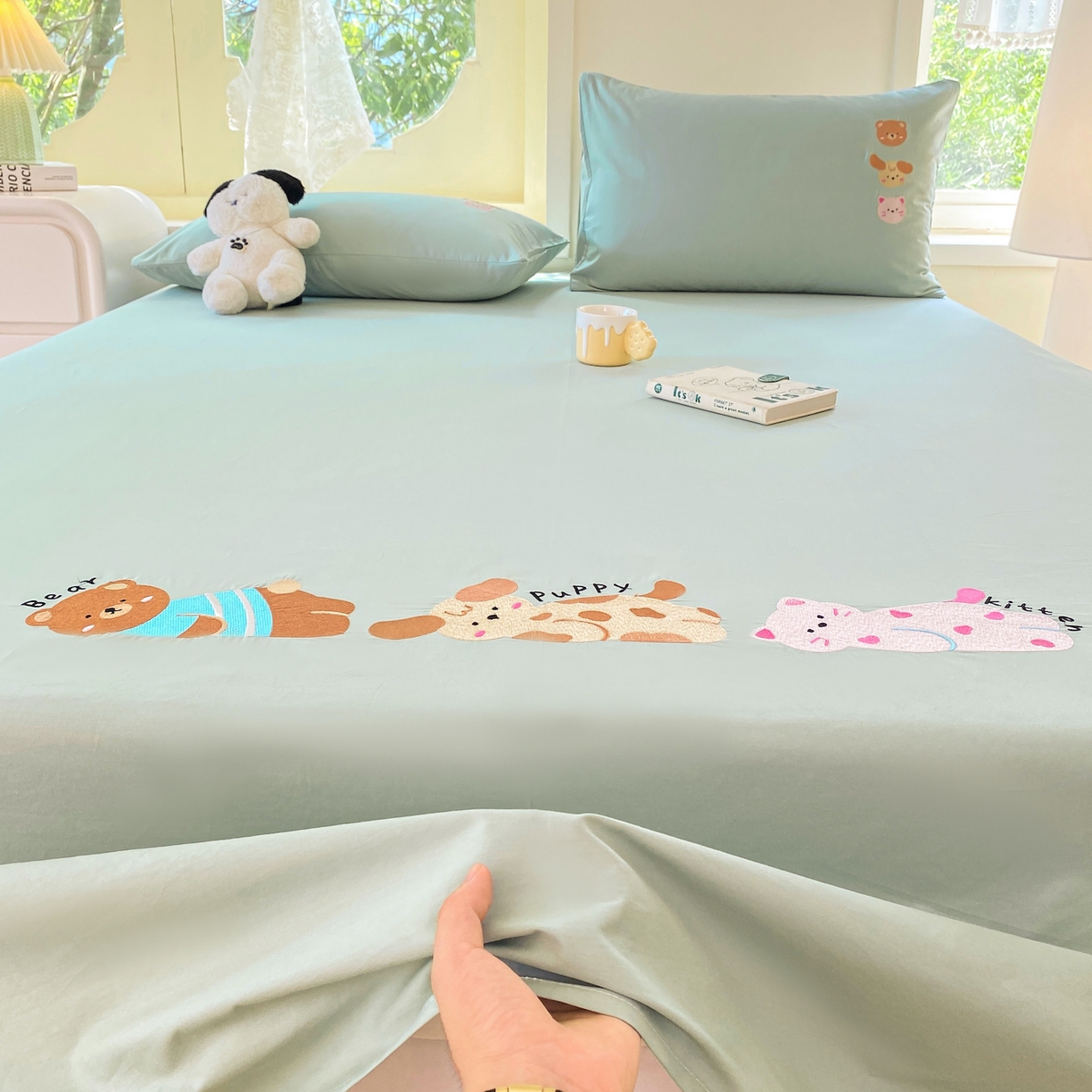 91家纺网 家纺一手货源 找家纺 灰鲸 2025新款全棉刺绣大床床单-懒懒小憩系列 懒懒小憩-绿