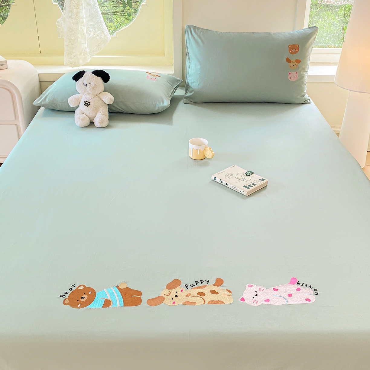 91家纺网 家纺一手货源 找家纺 灰鲸 2025新款全棉刺绣大床床单-懒懒小憩系列 懒懒小憩-绿