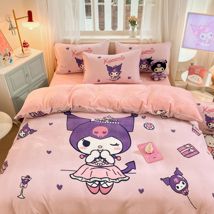 91家纺网 家纺一手货源 找家纺 金爱家 2025新款正版三丽鸥授权大版卡通平网数码印花加厚高克重牛奶绒系列四件套-第一批 绒大版-R气球公主库洛米