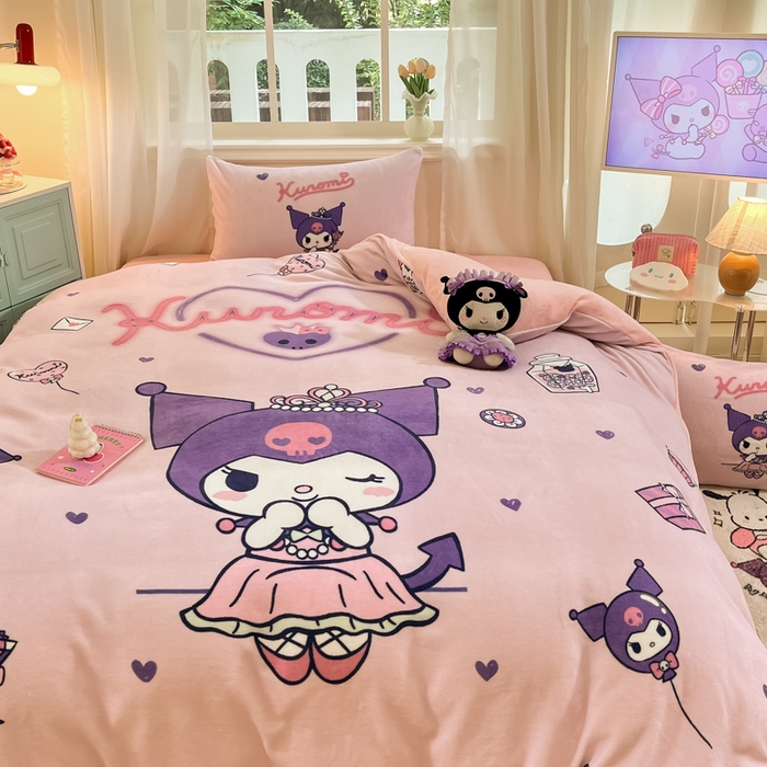 91家纺网 家纺一手货源 找家纺 金爱家 2025新款正版三丽鸥授权大版卡通平网数码印花加厚高克重牛奶绒系列四件套-第一批 绒大版-R气球公主库洛米