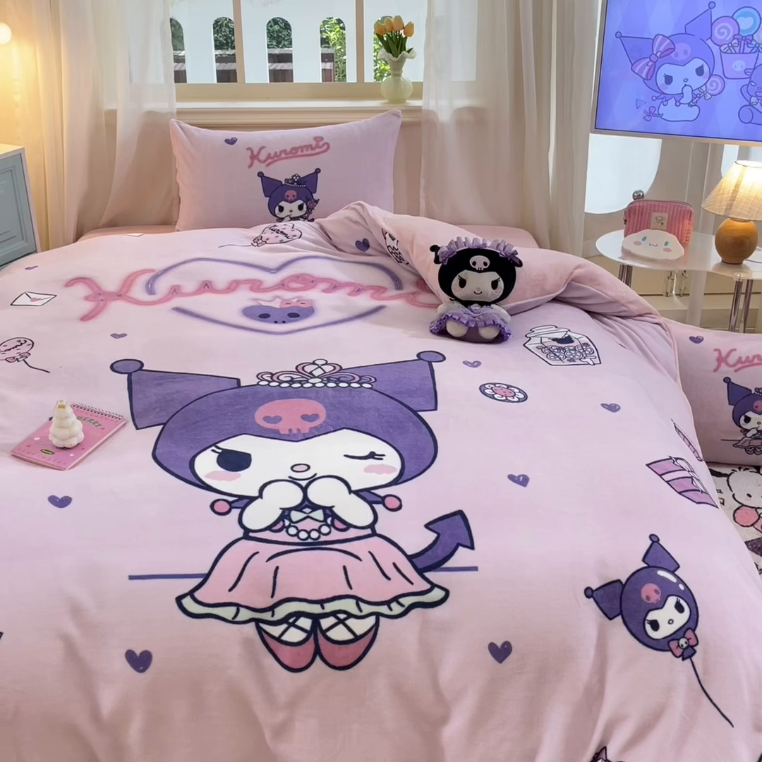 91家纺网 家纺一手货源 找家纺 金爱家 2025新款正版三丽鸥授权大版卡通平网数码印花加厚高克重牛奶绒系列四件套-第一批 绒大版-R气球公主库洛米