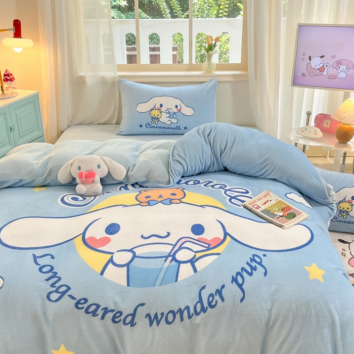 91家纺网 家纺一手货源 找家纺 金爱家 2025新款正版三丽鸥授权大版卡通平网数码印花加厚高克重牛奶绒系列四件套-第一批 绒大版-R汽水大耳狗