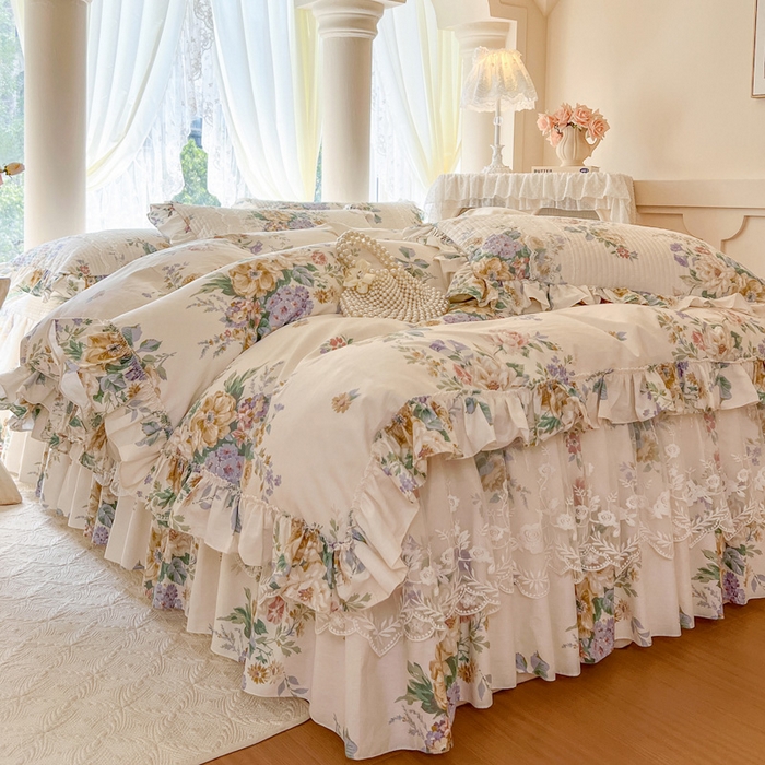 91家纺网 家纺一手货源 找家纺 瑞宝 2025新款13372全棉印花花边床裙四件套 安娜花园