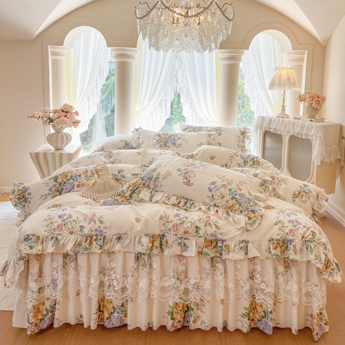 瑞宝 2025新款13372全棉印花花边床裙四件套 安娜花园