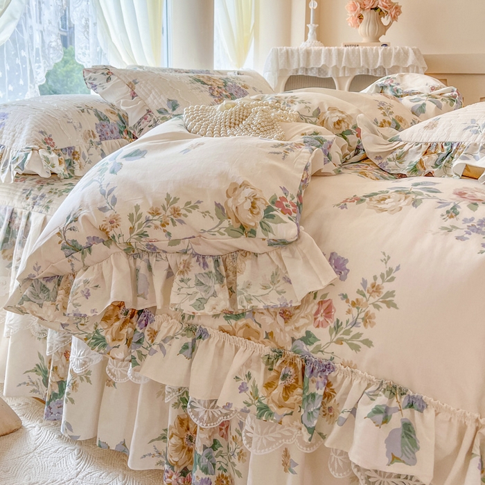 91家纺网 家纺一手货源 找家纺 瑞宝 2025新款13372全棉印花花边床裙四件套 安娜花园