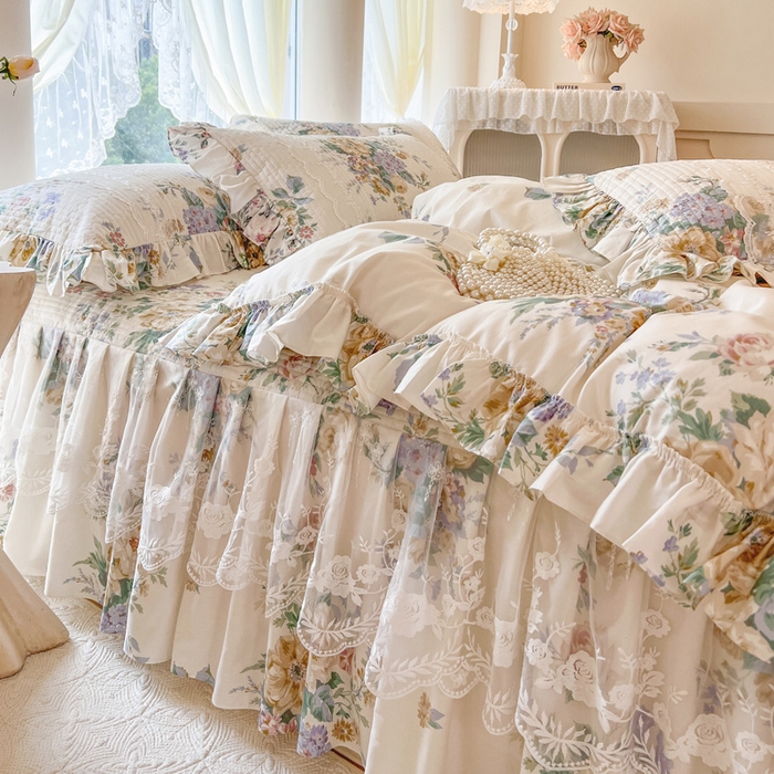 91家纺网 家纺一手货源 找家纺 瑞宝 2025新款13372全棉印花花边床裙四件套 安娜花园