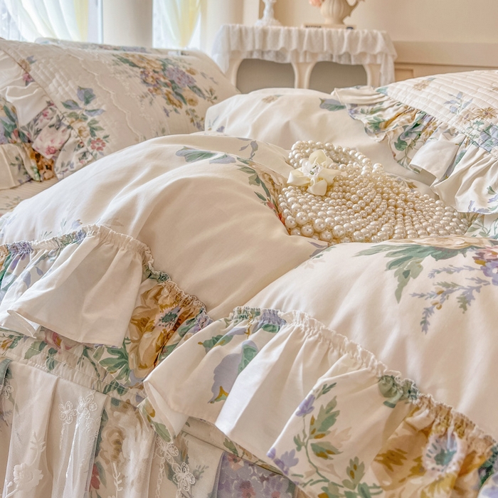 91家纺网 家纺一手货源 找家纺 瑞宝 2025新款13372全棉印花花边床裙四件套 安娜花园