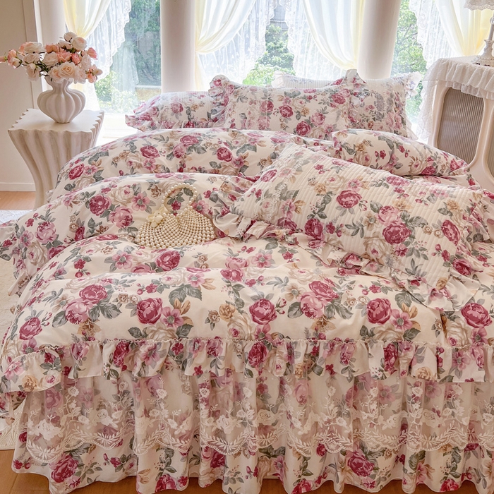 91家纺网 家纺一手货源 找家纺 瑞宝 2025新款13372全棉印花花边床裙四件套 繁花似锦