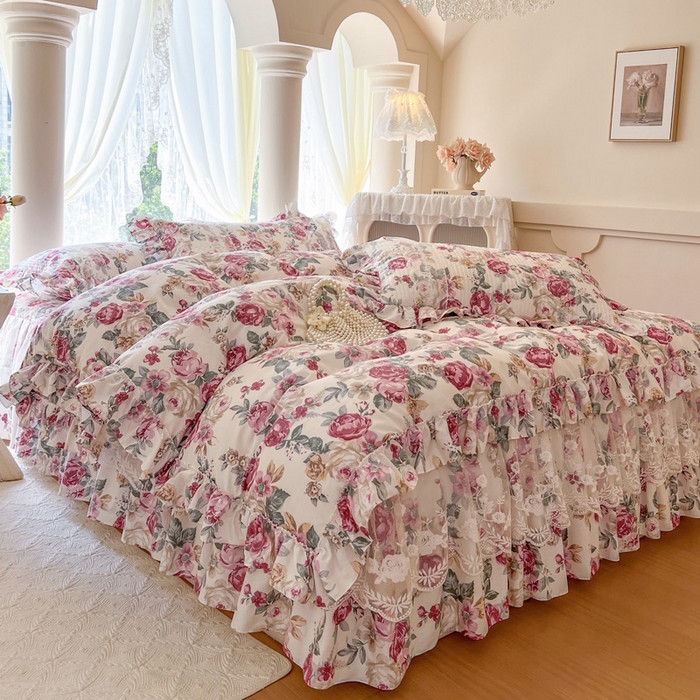 91家纺网 家纺一手货源 找家纺 瑞宝 2025新款13372全棉印花花边床裙四件套 繁花似锦