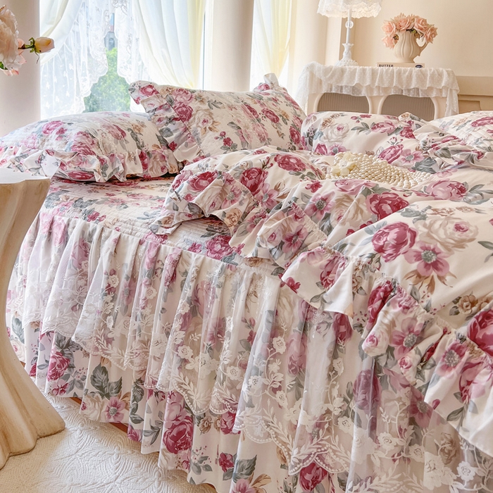 91家纺网 家纺一手货源 找家纺 瑞宝 2025新款13372全棉印花花边床裙四件套 繁花似锦