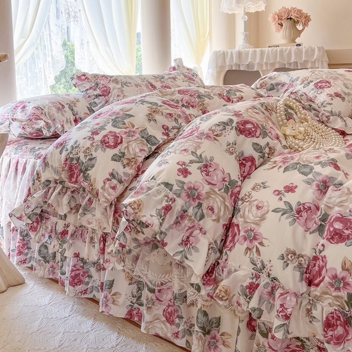 91家纺网 家纺一手货源 找家纺 瑞宝 2025新款13372全棉印花花边床裙四件套 繁花似锦