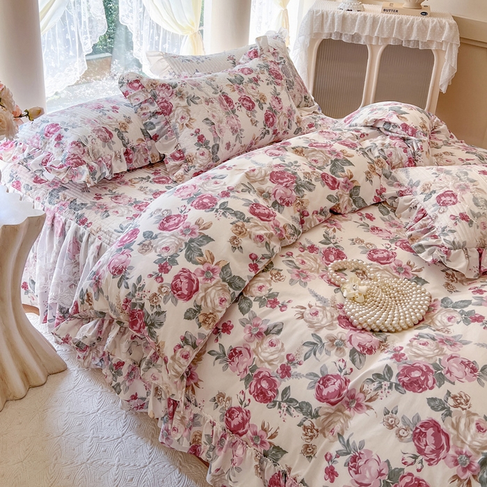 91家纺网 家纺一手货源 找家纺 瑞宝 2025新款13372全棉印花花边床裙四件套 繁花似锦