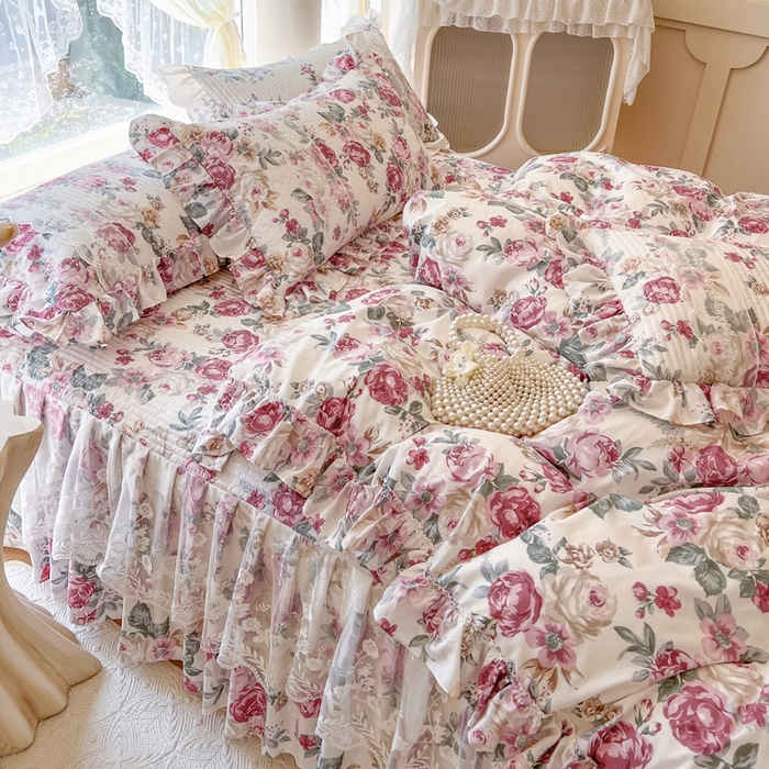 91家纺网 家纺一手货源 找家纺 瑞宝 2025新款13372全棉印花花边床裙四件套 繁花似锦