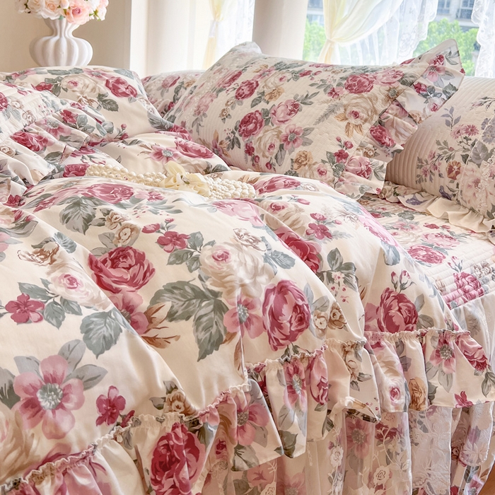 91家纺网 家纺一手货源 找家纺 瑞宝 2025新款13372全棉印花花边床裙四件套 繁花似锦