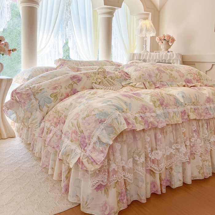 91家纺网 家纺一手货源 找家纺 瑞宝 2025新款13372全棉印花花边床裙四件套 浪漫花溪