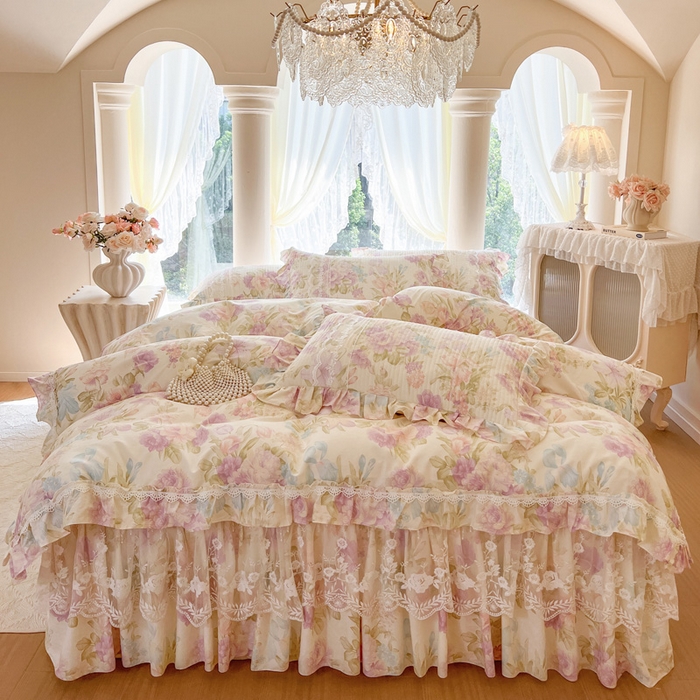 瑞宝 2025新款13372全棉印花花边床裙四件套 浪漫花溪