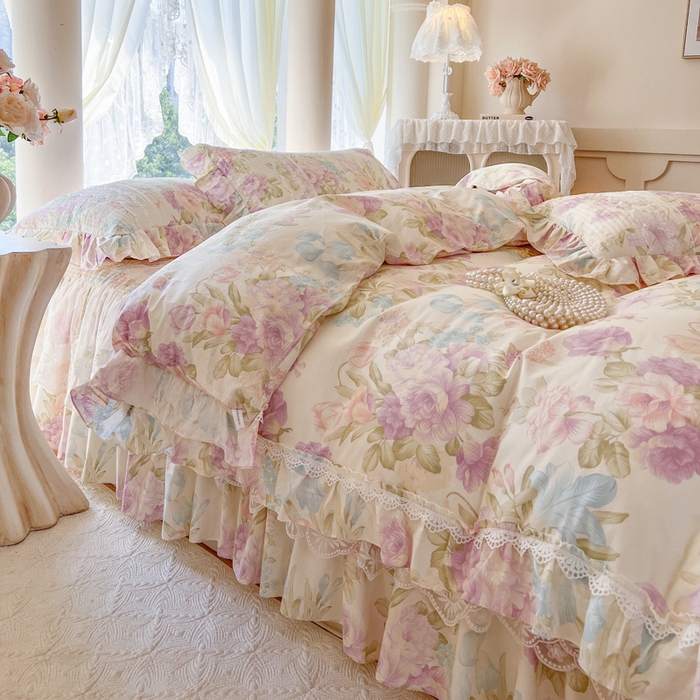 91家纺网 家纺一手货源 找家纺 瑞宝 2025新款13372全棉印花花边床裙四件套 浪漫花溪