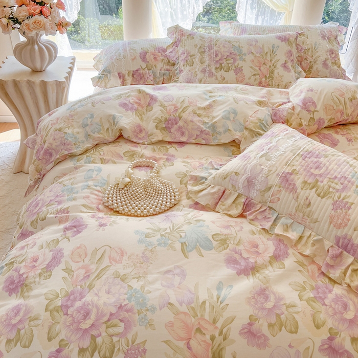 91家纺网 家纺一手货源 找家纺 瑞宝 2025新款13372全棉印花花边床裙四件套 浪漫花溪