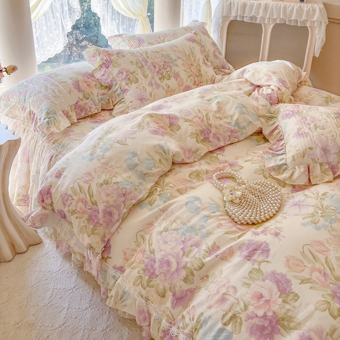 91家纺网 家纺一手货源 找家纺 瑞宝 2025新款13372全棉印花花边床裙四件套 浪漫花溪