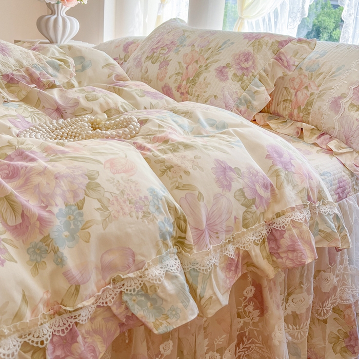 91家纺网 家纺一手货源 找家纺 瑞宝 2025新款13372全棉印花花边床裙四件套 浪漫花溪