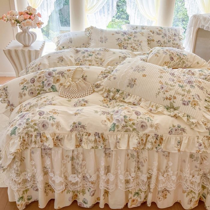 91家纺网 家纺一手货源 找家纺 瑞宝 2025新款13372全棉印花花边床裙四件套 浪漫花芷