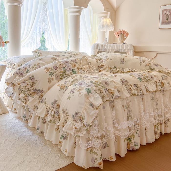 91家纺网 家纺一手货源 找家纺 瑞宝 2025新款13372全棉印花花边床裙四件套 浪漫花芷