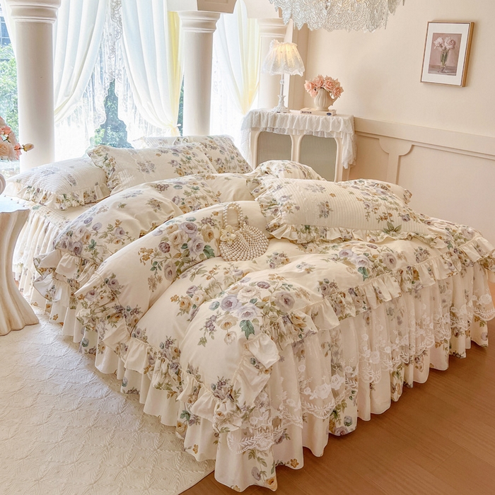 91家纺网 家纺一手货源 找家纺 瑞宝 2025新款13372全棉印花花边床裙四件套 浪漫花芷