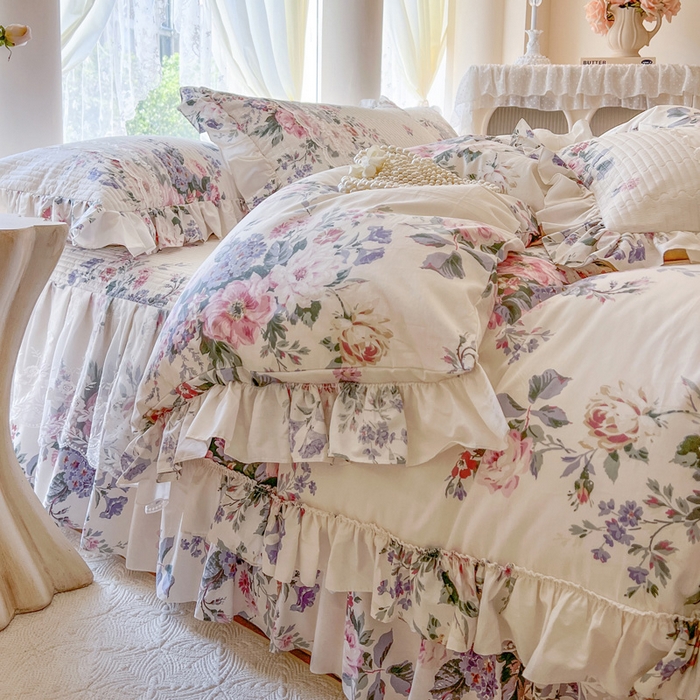 91家纺网 家纺一手货源 找家纺 瑞宝 2025新款13372全棉印花花边床裙四件套 素雅